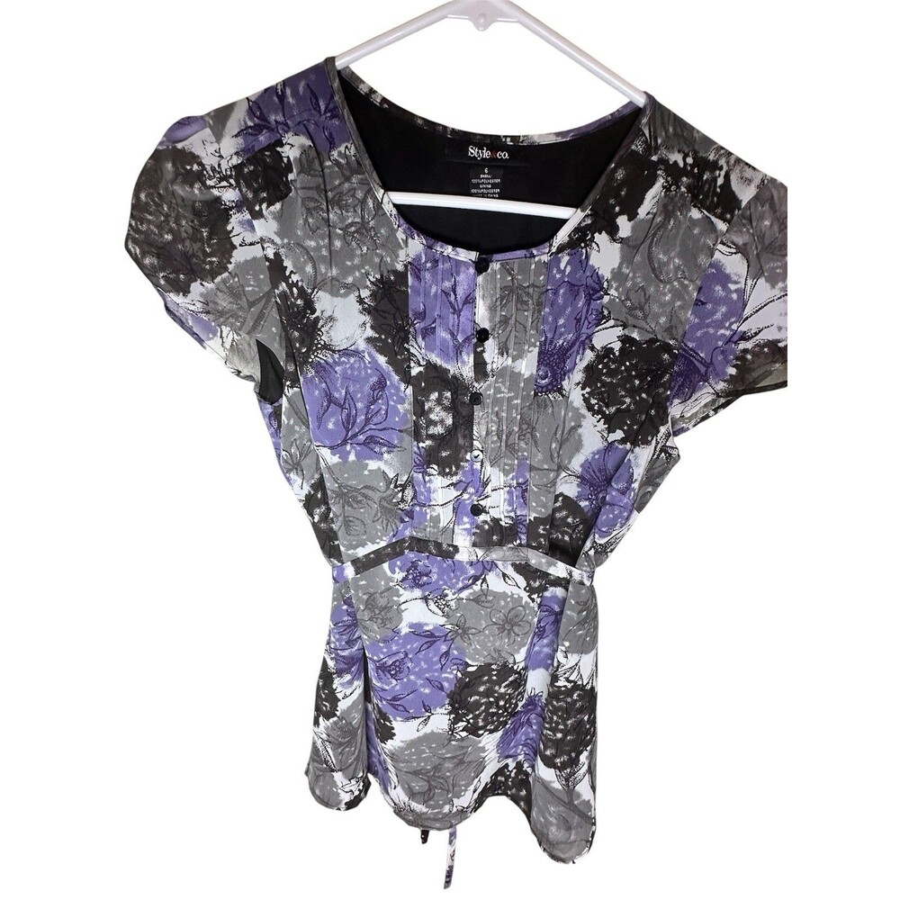 STYLE & CO FLORAL TIE BACK BLOUSE GREY & PURPLE SZ 6 Y2K